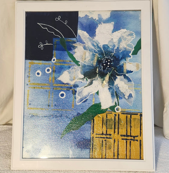 Framed blue and yellow flower artwork