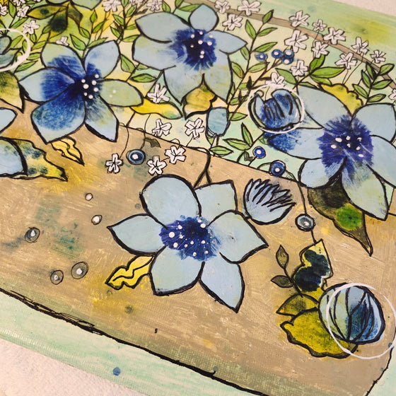 Blue flower basket mixed media painting