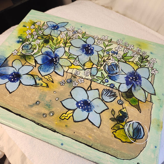 Blue flower basket mixed media painting