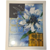 mixed media artwork painting in vibrant colors.  framed in a white frame.  paper collage flower with white paper and gold foil.  