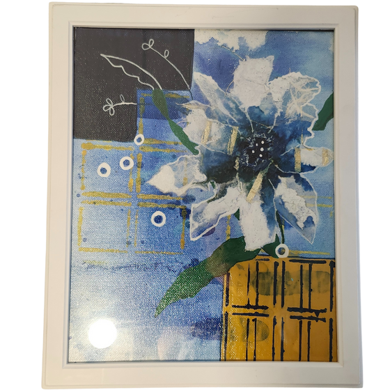 mixed media artwork painting in vibrant colors.  framed in a white frame.  paper collage flower with white paper and gold foil.  