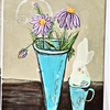 Purple coneflowers in a teal vase next to a teal steaming cup of coffee or tea.  Vibrant color study.  Mixed media painting on a stretched Canvas measures 12x16 inches.  Painted by artist Christine c.  