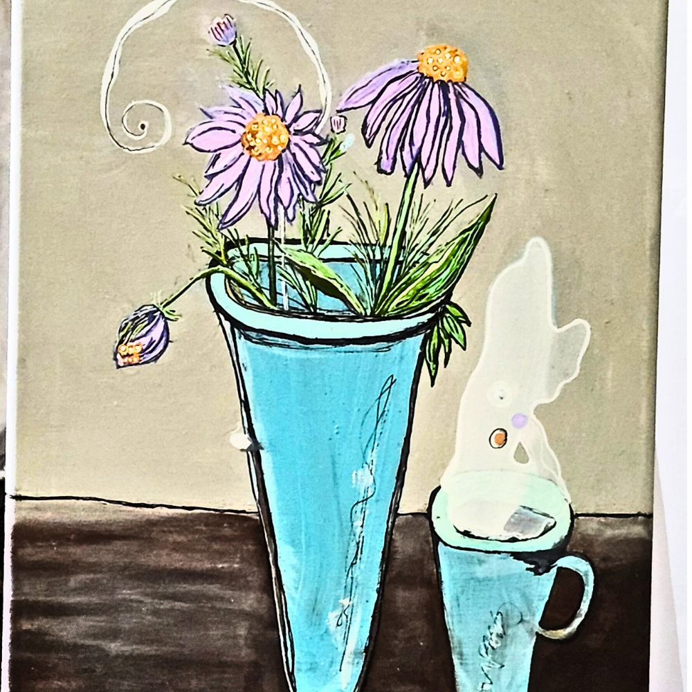  Purple coneflowers in a teal vase next to a teal steaming cup of coffee or tea.  Vibrant color study.  Mixed media painting on a stretched Canvas measures 12x16 inches.  Painted by artist Christine c.  