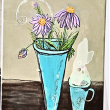  Purple coneflowers in a teal vase next to a teal steaming cup of coffee or tea.  Vibrant color study.  Mixed media painting on a stretched Canvas measures 12x16 inches.  Painted by artist Christine c.  