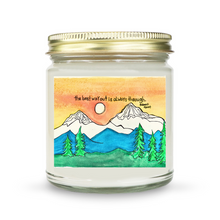  this 9 oz glass jar candle with gold lid features original artwork on the front label by artist Christine c