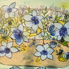 Blue flower basket mixed media painting