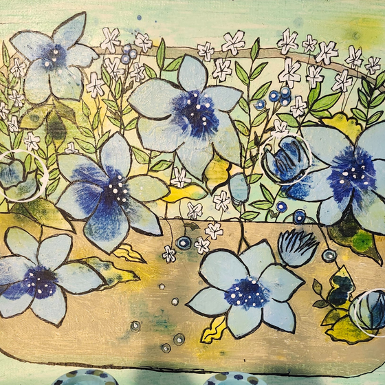 Blue flower basket mixed media painting