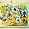 Blue flower basket mixed media painting