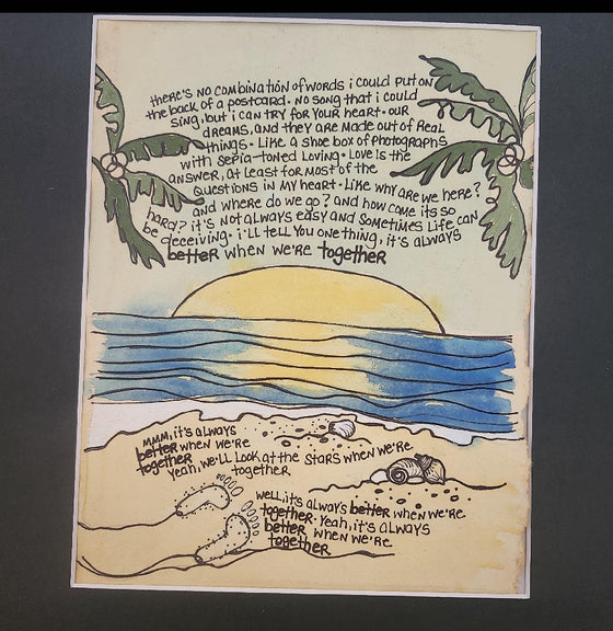 Watercolor and ink pen artwork
Fully customizable with music lyrics, quotes, names, and dates
Includes a black mat sized 11x14
Fits a standard frame
Unique gift for anyone