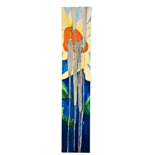  blooming people is a mixed media painting on stretched canvas that is 8 inches wide x 40 inches tall and 1 1/2 deep, it is gallery wrapped and painted on all sides.  it depicts an abstract orange and yellow flower with a bright blue sky in the backround.  there are abstract silver gray people in the center of the painting.  