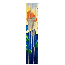  blooming people is a mixed media painting on stretched canvas that is 8 inches wide x 40 inches tall and 1 1/2 deep, it is gallery wrapped and painted on all sides.  it depicts an abstract orange and yellow flower with a bright blue sky in the backround.  there are abstract silver gray people in the center of the painting.  