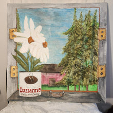  this is 20 inch by 20 inch square stretched canvas that shows a view through a vintage window with a luzianne coffee can on the windowsill holding flowers.  it is painted by mixed media artist Christine c.  