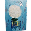 Free bird is a 24 x 36 inch large mixed media painting with an abstract dandelion flower and 2 birds flying away.  It is heavily textured and painted around the sides of the stretched canvas.  