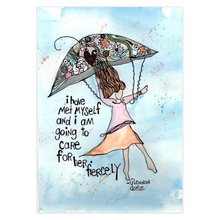  this greeting card is 5x7 inches and has blank space inside for notes writing.  it features ink pen and watercolor artwork by artist Christine c.  the design shows a woman flying through the air with an umbrella and a quote by Glennon Doyle.  