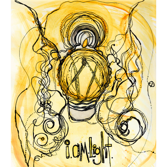 I am light print of original artwork by Christine C.  abstract image of a lightbulb.  watercolor and ink pen art.  vibrant golden yellow.  size 8x10.  