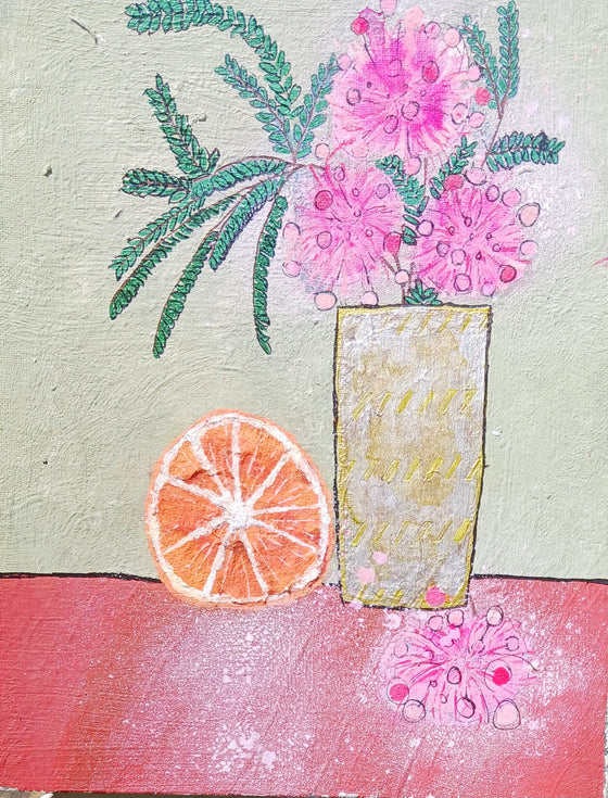 Best mimosa, mixed media paper collage alcohol ink painting, kitchen and dining original wall art, handmade home decor, textured orange