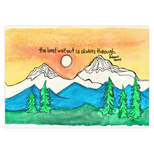  this greeting card is 5x7 inches and has blank space inside for notes writing.  it features ink pen and watercolor artwork by artist Christine c.  the design shows a vibrant landscape.   