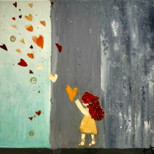  'sending my love'.  12 x 12 inch square mixed media painting on stretched canvas.  a little girl with red hair releasing hearts into the air.  