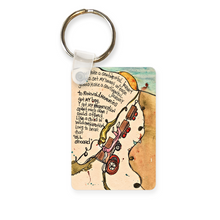  this metal keychain features original artwork by artist Christine c 