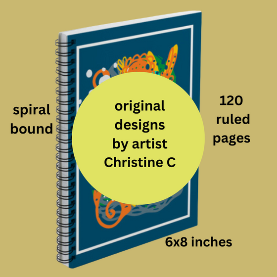 spiral notebook that features original art by Christine c on the cover and is 6x8 inches with 120 ruled pages 