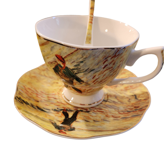 3 piece matching  teacup saucer and spoon set.  elegant design inspired by Vincent Van Gogh artwork.  perfectly priced for thoughtful gifting .