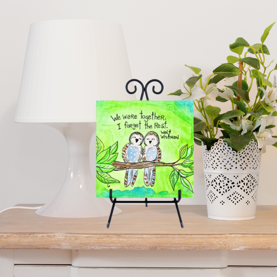 8x8 inch ceramic photo tile with metal easel stand featuring original artwork design.  