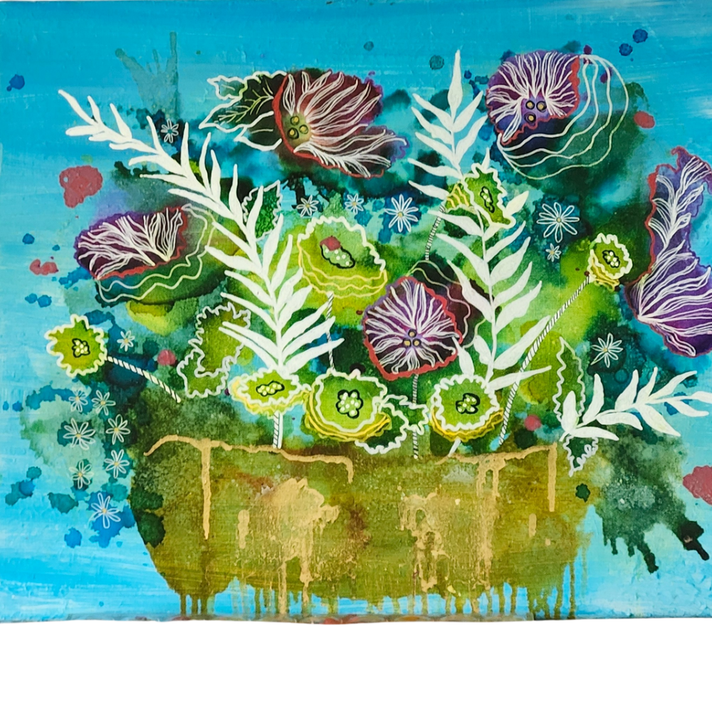  underwater bouquet mixed media painting.  16x20 inches.  alcohol ink, various paints, and pen doodles.  aqua, blues, fuchsia, gold, green.  abstract plants with pen doodles in gold dish.