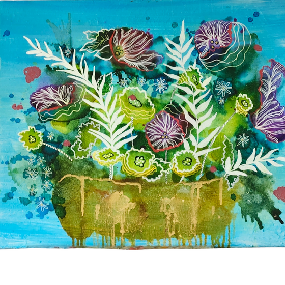 underwater bouquet mixed media painting.  16x20 inches.  alcohol ink, various paints, and pen doodles.  aqua, blues, fuchsia, gold, green.  abstract plants with pen doodles in gold dish.