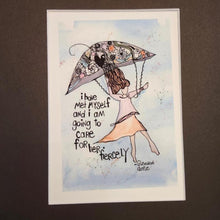  this print is 4x6 inches and matted to size 8x10.  it is a print of an original mixed media artwork by artist Christine C.  it features a Glennon Doyle quote 'i have met myself and I am going to care for her fiercely'.  